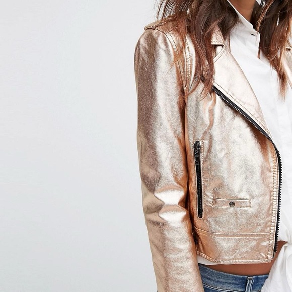 BLANK NYC Metallic Faux Leather Moto Jacket Rose Gold Party Holiday New Year - Picture 5 of 10